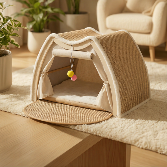 Cat bed in a cozy living room with text promoting it as 'Purrfect Sanctuary'.